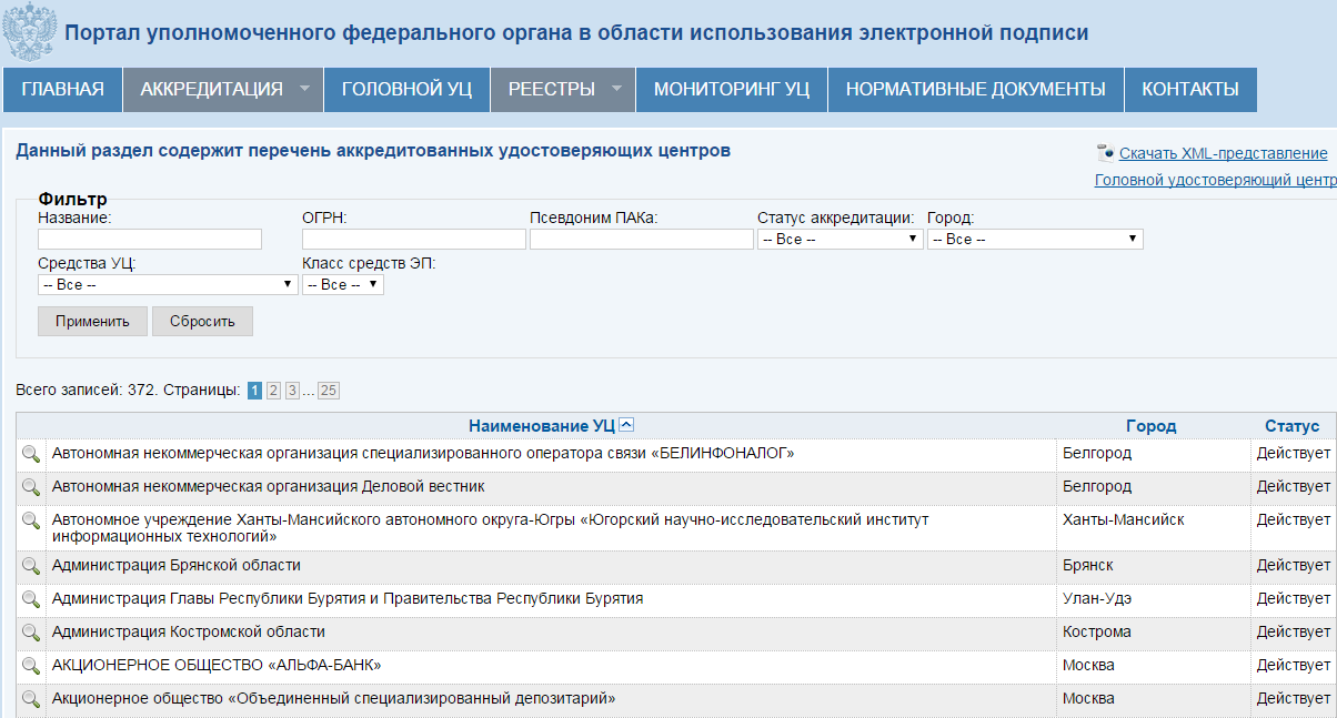портал уполномоченного федерального органа в области использования элекстронной подписи